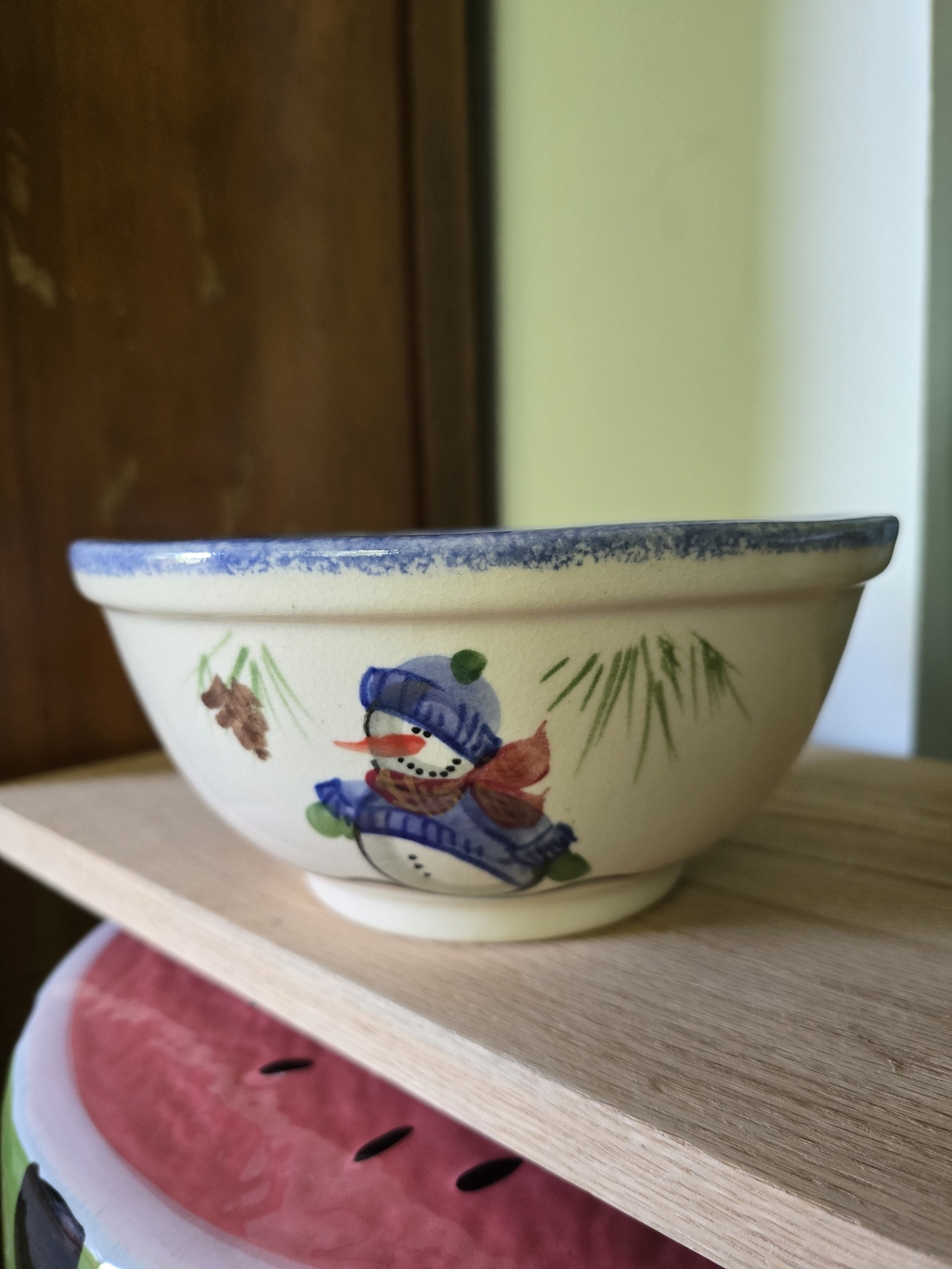 Holiday Snowman Ceramic Serving Bowl in Cream and Blue